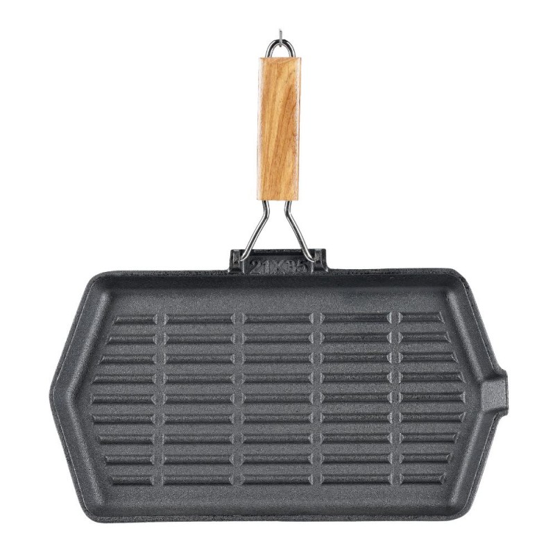 Gjutjärnspanna grill med fällbart handtag i trä, 35x21 cm - Gjutjärnspanna grill