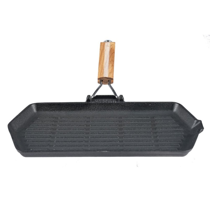 Gjutjärnspanna grill med fällbart handtag i trä, 35x21 cm - Gjutjärnspanna grill
